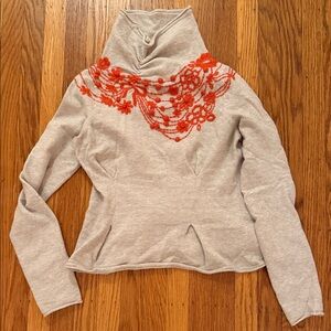 Moth Gray Cowl Neck Merino Wool Sweater with Red/Orange Floral Accents